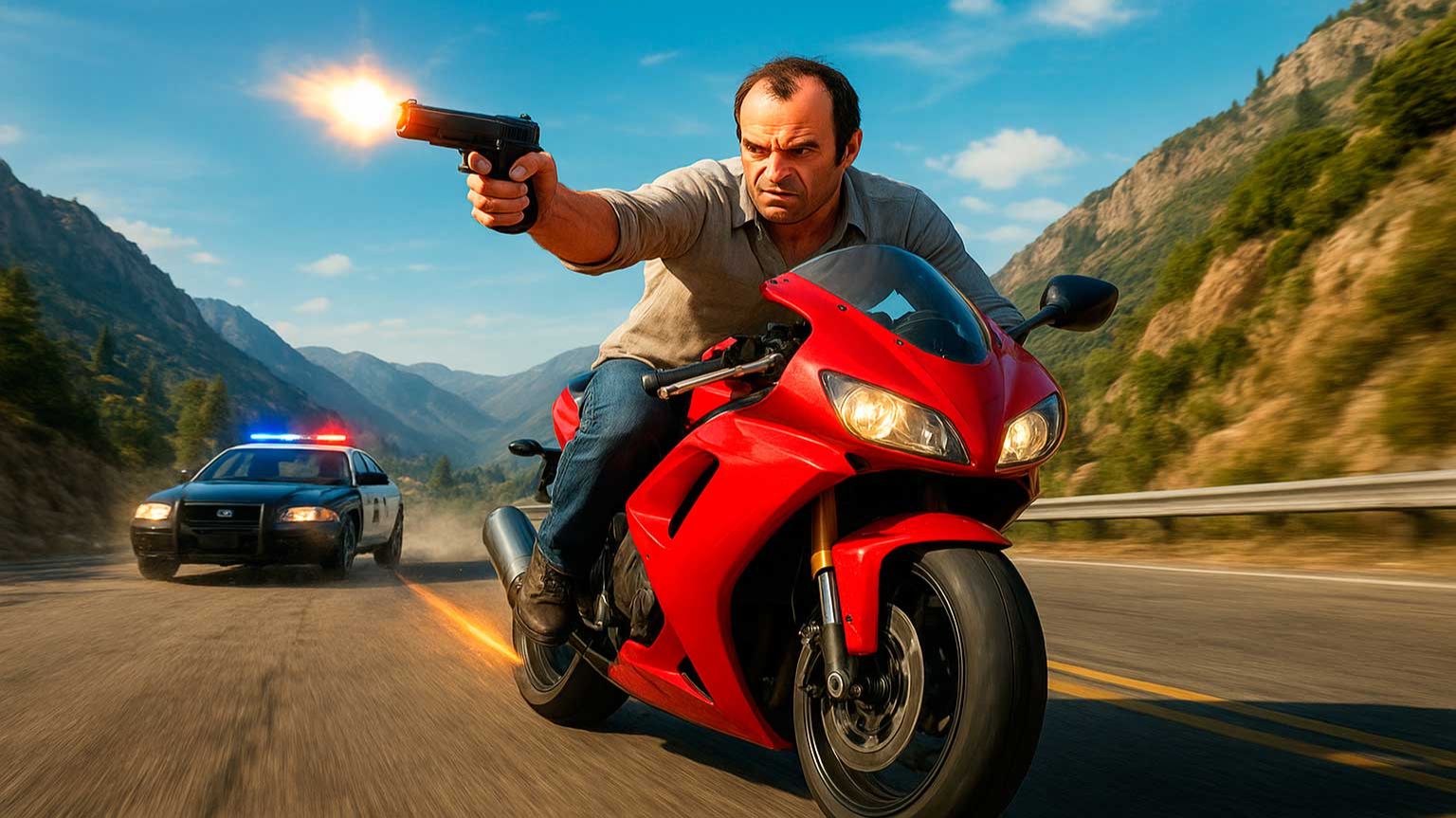 Майкл на красном байке против полиции — киномомент из GTA 5, который должен увидеть каждый!