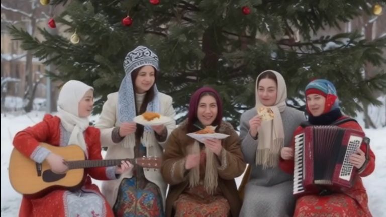 Сгенерированное видео. Зима, пять девушек у новогодней ёлки. Песня