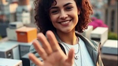 Сгенерированное видео. Девушка приветствует рукой. Песня в видео