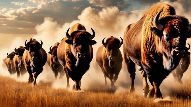 Стадо бизонов несется по прерии