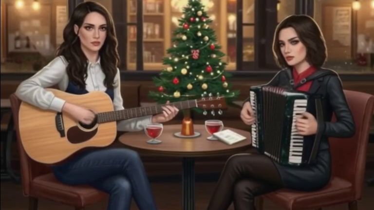 Анимационное сгенерированное видео. Девушка с гитарой и девушка с аккордеоном. Песня С Днём рождения