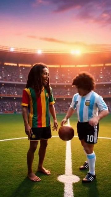 Боб Марли и Марадона пинают мячик на стадионе.