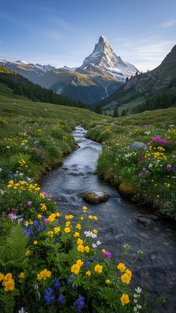 Спокойный поток у подножия гор