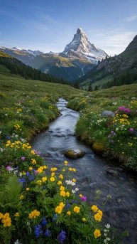 Спокойный поток у подножия гор