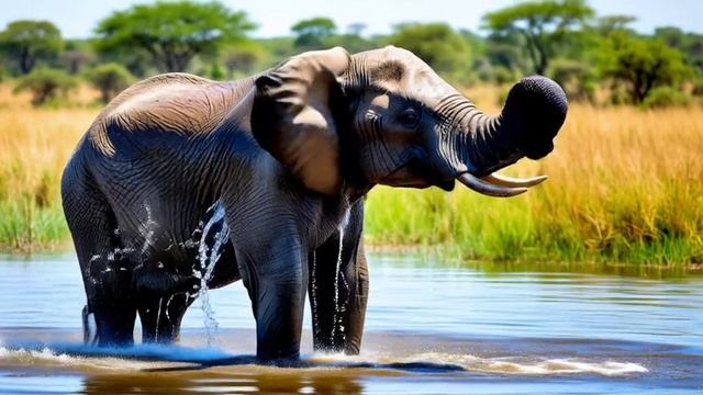 Слон обливает себя на водопое
