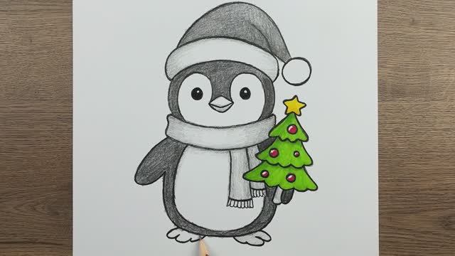 Как шаг за шагом нарисовать милого новогоднего пингвина карандашом - Простые рисунки