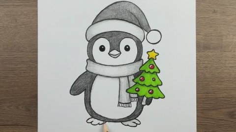 Как шаг за шагом нарисовать милого новогоднего пингвина карандашом - Простые рисунки