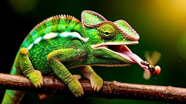 Зеленый хамелеон ловит муху