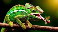 Зеленый хамелеон ловит муху
