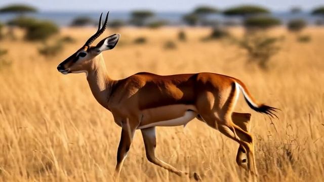 Красивая антилопа быстро бежит над золотой саванной пыль