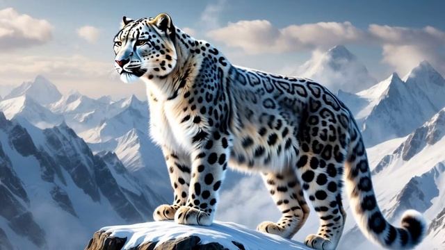 Гигантский снежный барс стоит на вершине горы