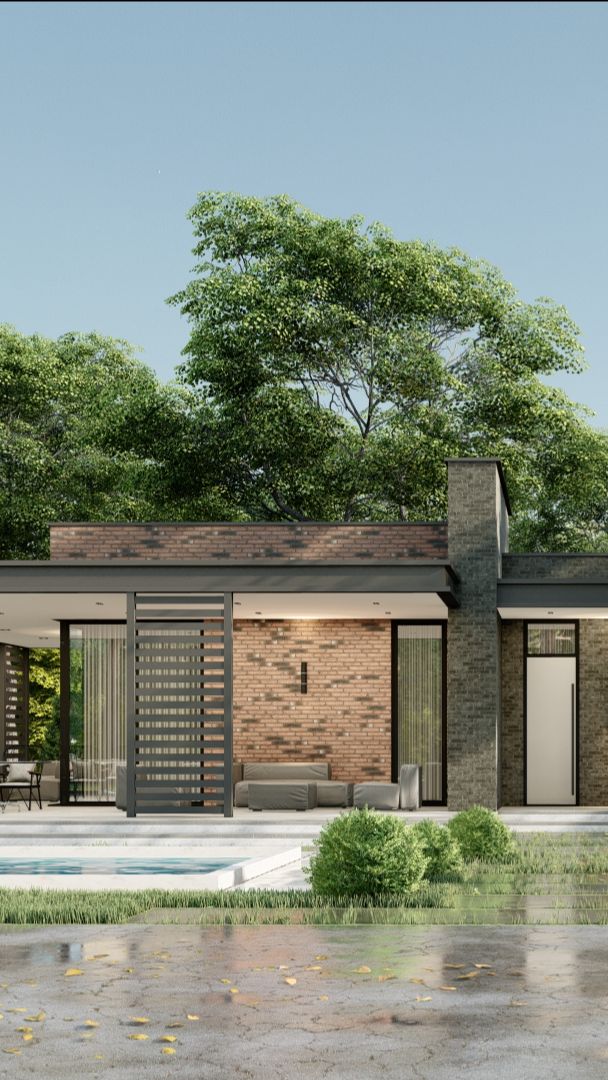 Одноэтажный дом  с плоской кровлей