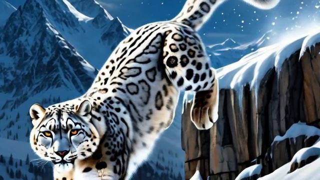 Гигантский снежный барс прыгнул с заснеженной вершины горы