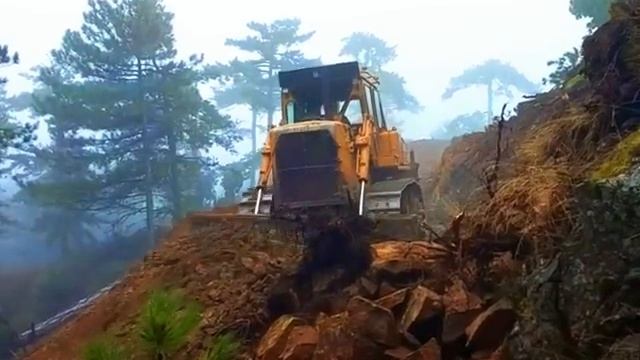 О превращении поросших деревьями холмов в грунтовую дорогу с помощью бульдозера Cat D7G