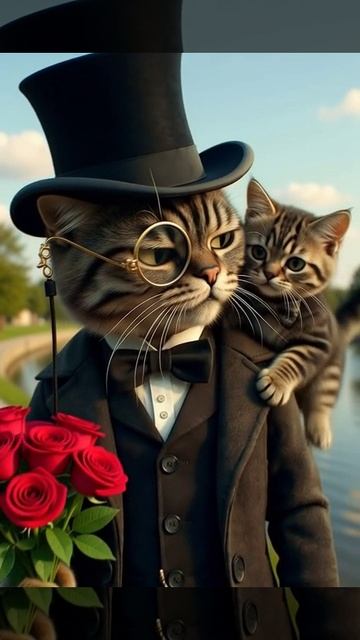 Кот с букетом роз.