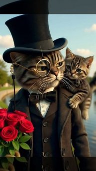 Кот с букетом роз.