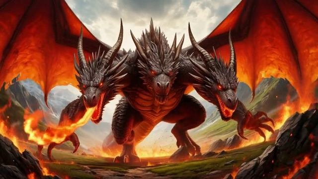 Гигантский трехглавый дракон изрыгает пламя