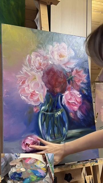 Розовые пионы маслом на холсте