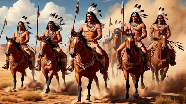 Вооруженный отряд апачей скачет по прерии