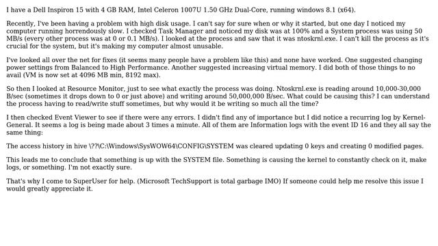 Windows 8.1 100 Disk Usage by Ntoskrnl.exe