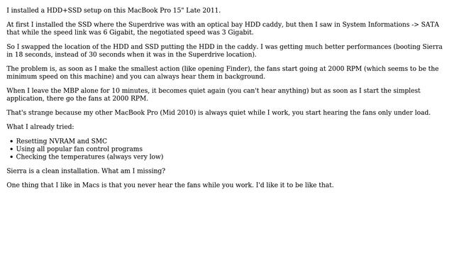 Apple: Macbook Pro 15" Late 2011 - Swap HDD with SSD - Fan always 2000 rpm