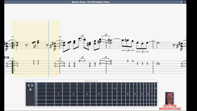 The Pink Panther Theme (La Pantera Rosa) H.  Mancini Music Sheet + TAB + Neck Grid