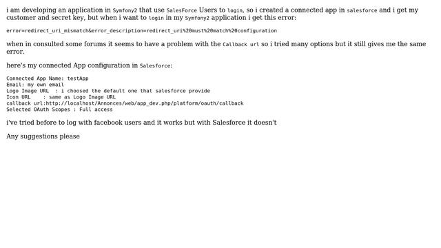 Salesforce: Error in Symfony while using salesforce connected app