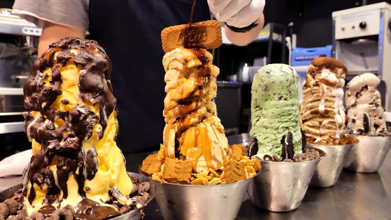 7 вкусов! 100% самодельное мороженое в форме башни из бритого льда | Корейский десерт.