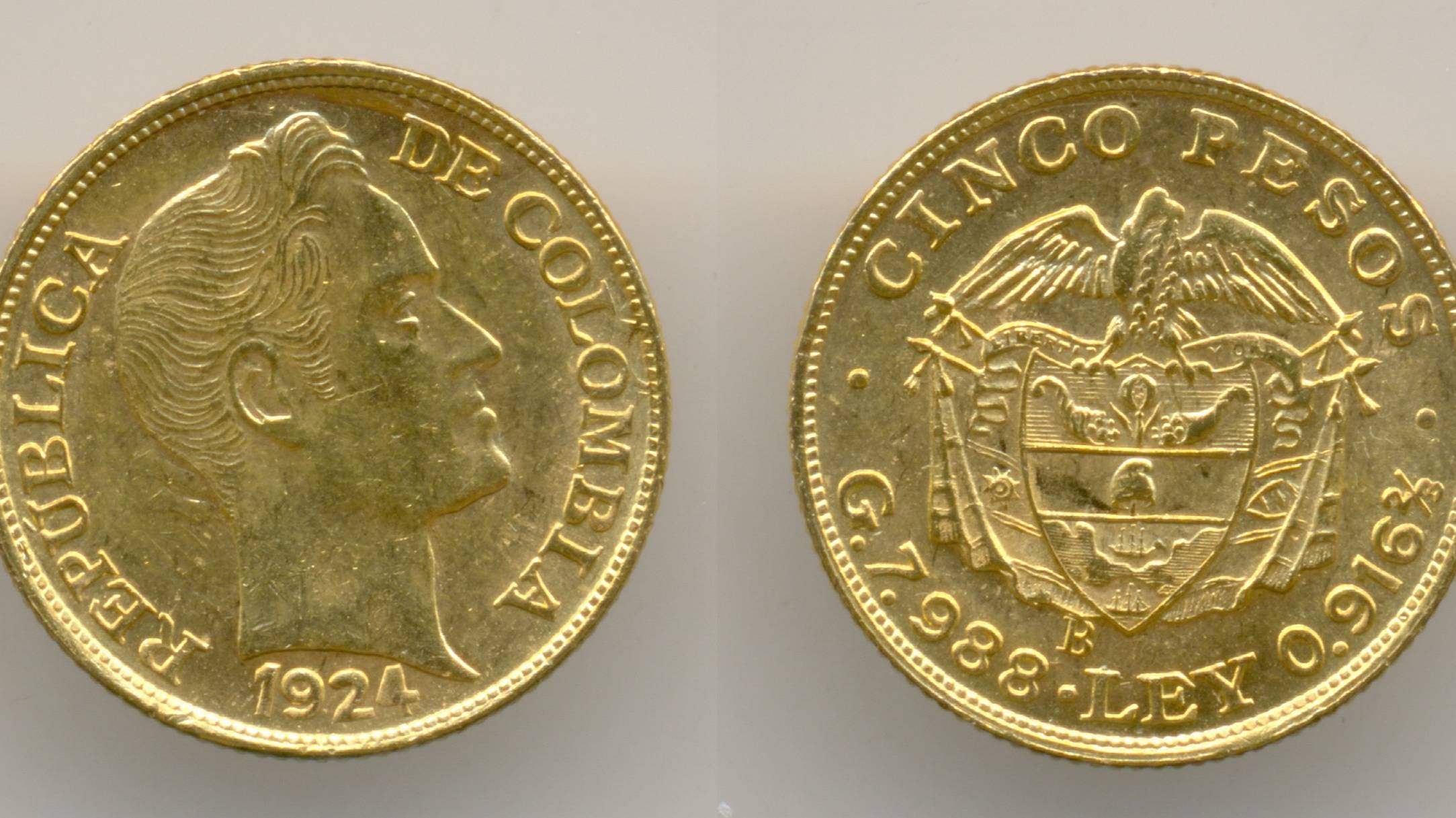 Нумизматика. Золотая монета. Колумбия, 5 песо 1924г.