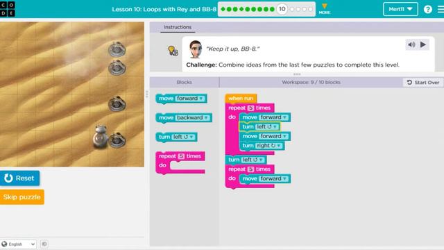Code.org Course C Lesson 8 Loops with Rey and BB-8 - Express Course Lesson 10 Answers