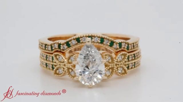Milgrain Pear Diamond Wedding Set With Emerald In 18K Yellow Gold-FDENS3308