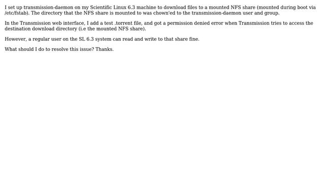 Transmission client can't access mounted NFS share