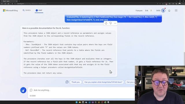 Can the new Bing Chat write AL code for Business Central?