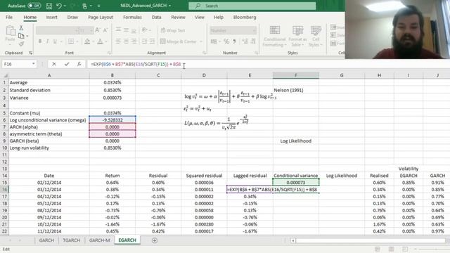 EGARCH model: exponential asymmetric volatility persistence (Excel)