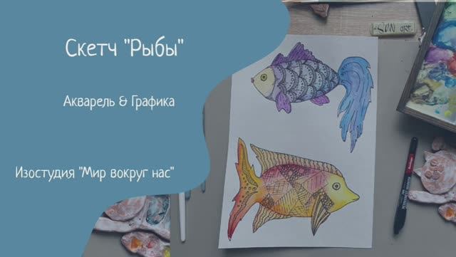 Скетч  "Обитатели воды - рыбы", акварель & графика.