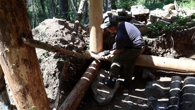 Изба в земле. Крыша из брёвен выдержит упавший кедр!