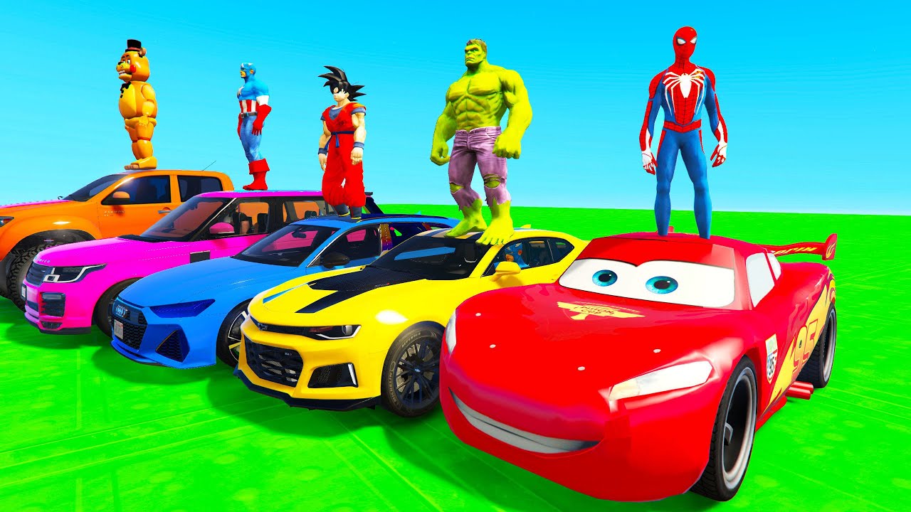 SPIDERMAN McQueen Ramp Challenge JUMP ! SUPERHERO HULK IronMan Goku Mack Truck Disney Cars 3 - GTA V