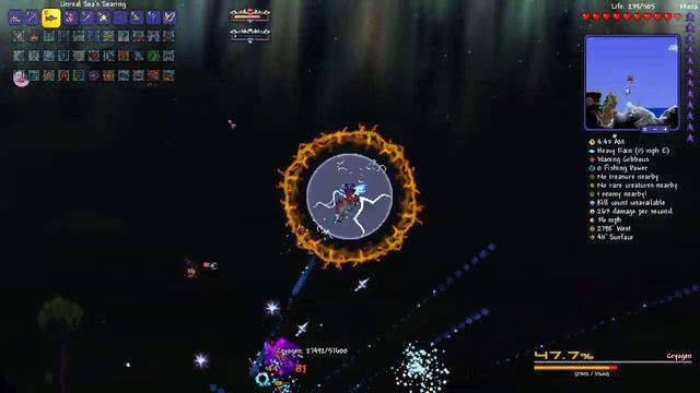 Terraria: Calamity Infernum: flying packed ice block gets owned by a shark rapidly firing bullets