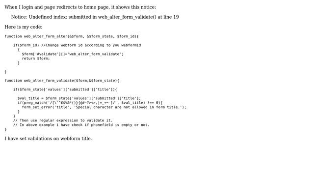 Drupal: Webform validation are working but they some error
