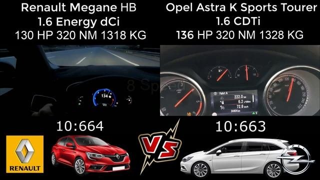 Renault Megane 1.6 DCi 130 HP VS Opel Astra K Sports Tourer 1.6 CDTi 136 HP 0-140 Race