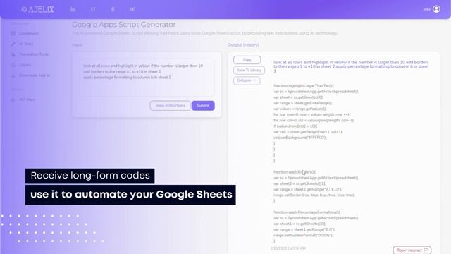 AI in Excel - Google Apps Script Generator - Open AI in Google Sheets - Write Code with AI - Ajelix