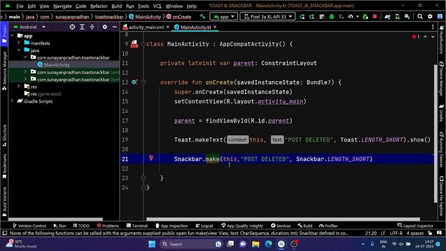 What is Toast & Snackbar || Android Development Tutorial #15 [ English CC ]