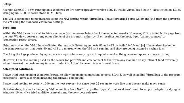 Accessing an nginx webserver on CentOS7 VM hosted on Virtualbox in Windows 10