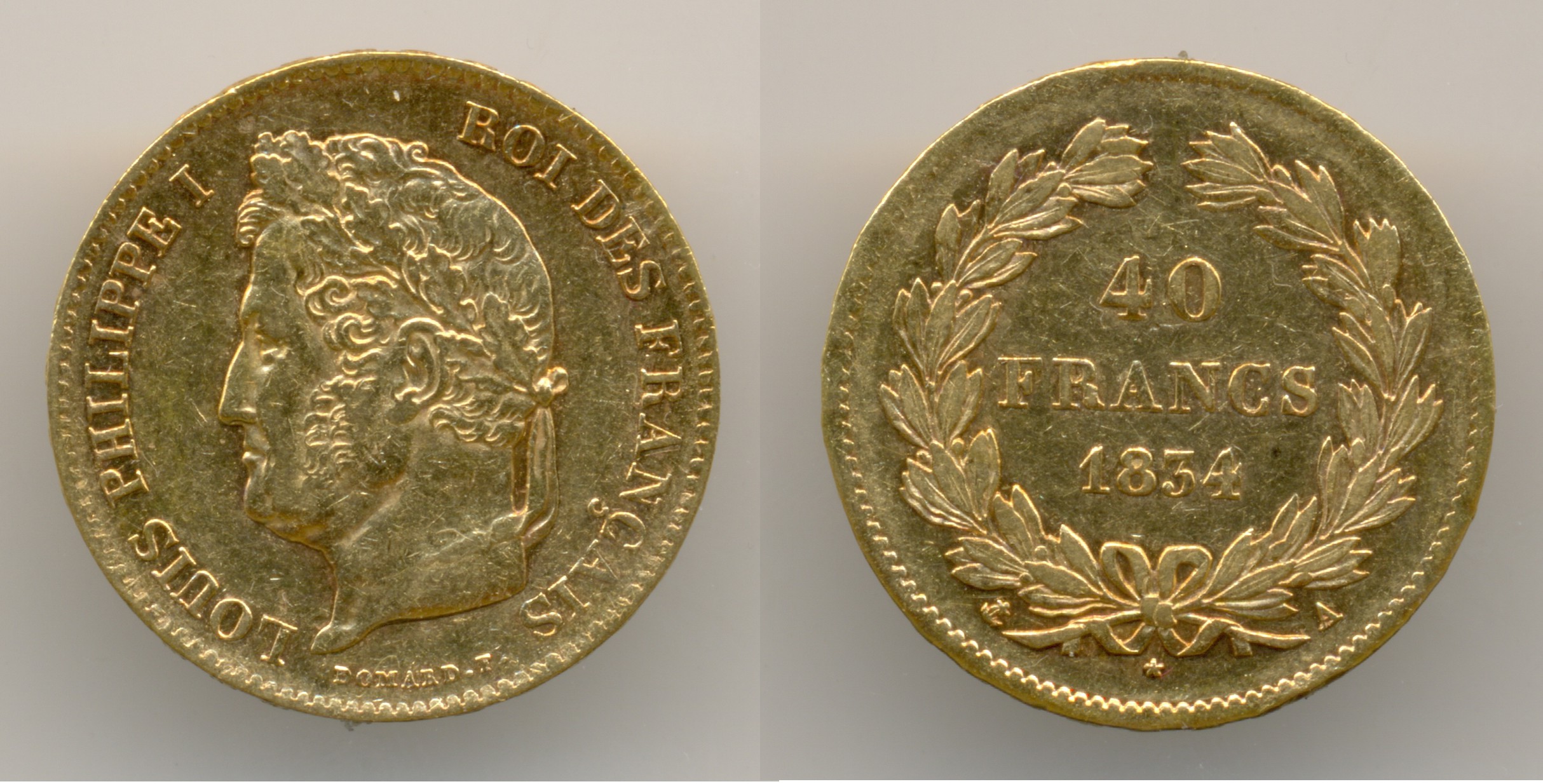 Нумизматика. Золотая монета. Франция, 40 франков 1834 года.