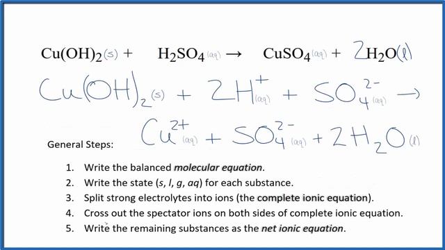 How to Write the Net Ionic Equation for Cu(OH)2 + H2SO4 = CuSO4 + H2O