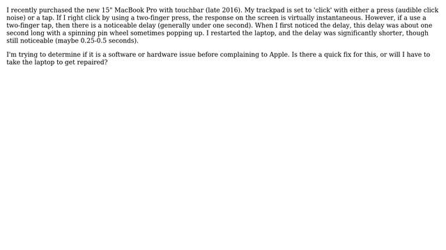 Apple: Trackpad delay on 15" MacBook Pro with touchbar late 2016