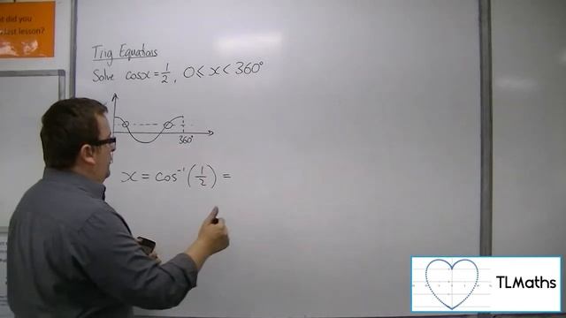 A-Level Maths: E7-03 [Trig Equations: Solve cos(x) = 1/2 between 0 and 360 degrees]