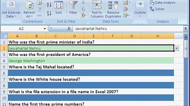 Quiz in Excel 2007