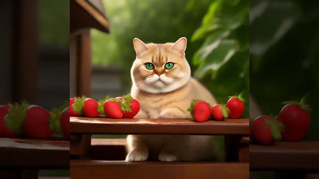 Кот британская золотая шиншилла и клубника