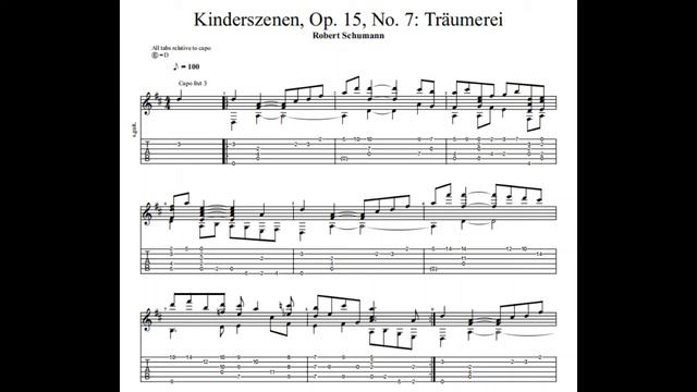 Robert Schumann: Kinderszenen, Op. 15, No. 7: Träumerei with tablature/sheet music for solo guitar